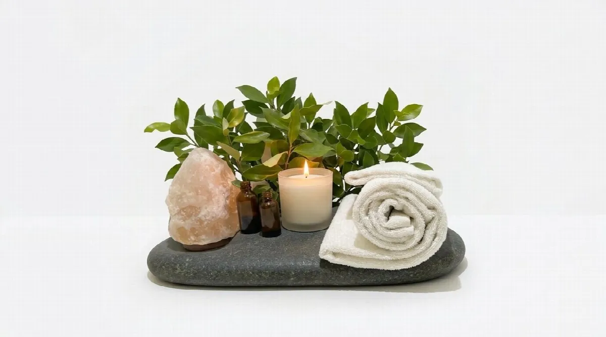 relaxing candle lit scene with essential oils and a hot towel.